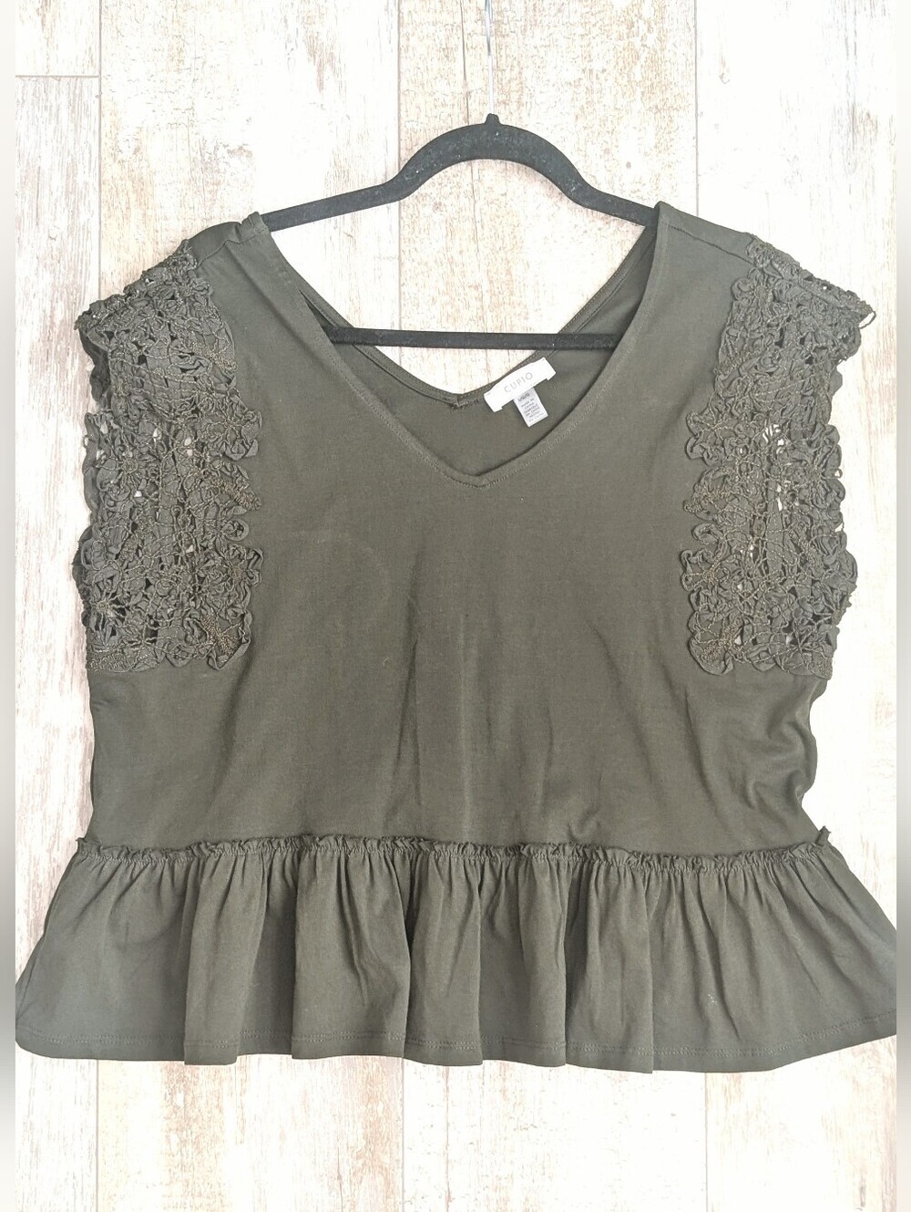Cupio Olive Green V-Neck Peplum Top with Crochet Sleeves